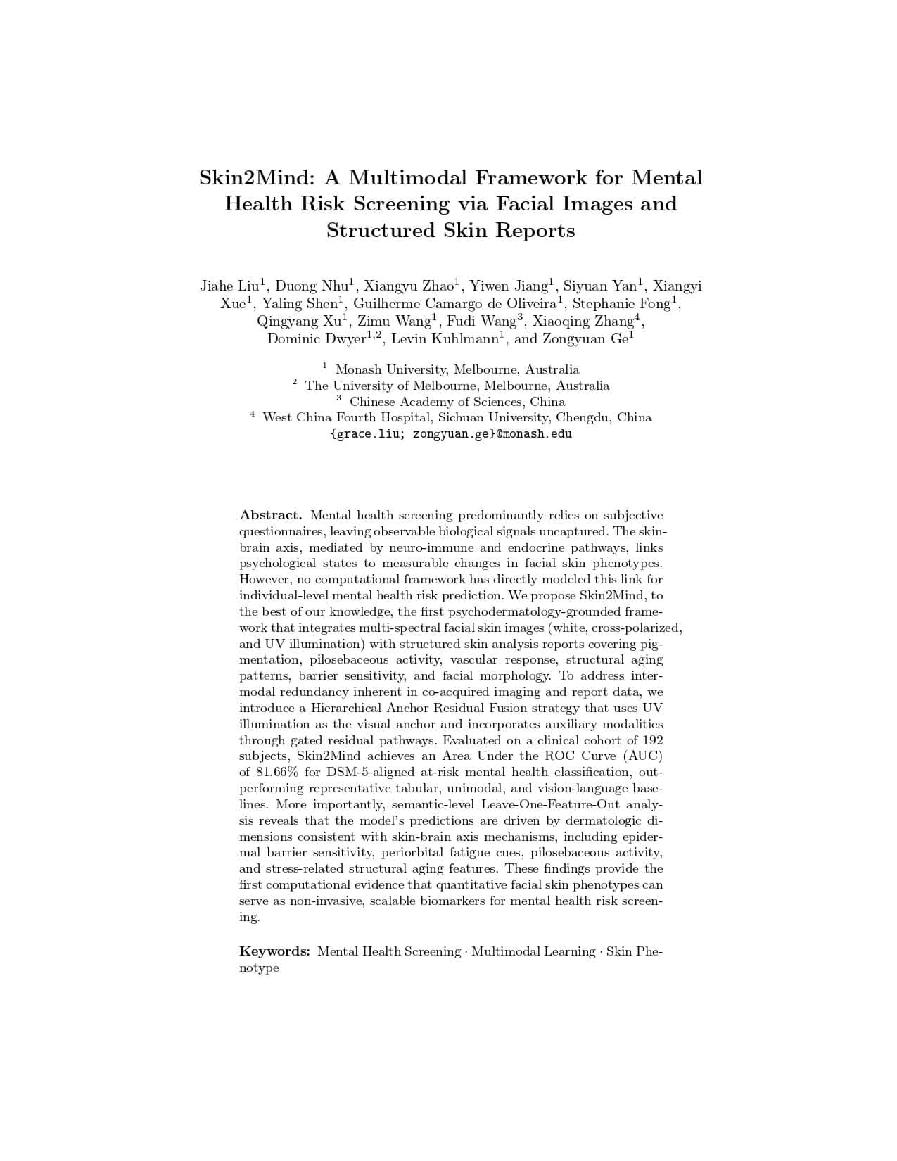 Skin2Mind: A Multimodal Framework for Mental Health Risk Screening via Facial Images and Structured Skin Reports - Page 1