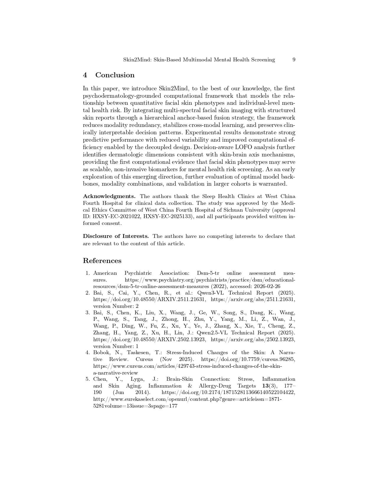 Skin2Mind: A Multimodal Framework for Mental Health Risk Screening via Facial Images and Structured Skin Reports - Page 9